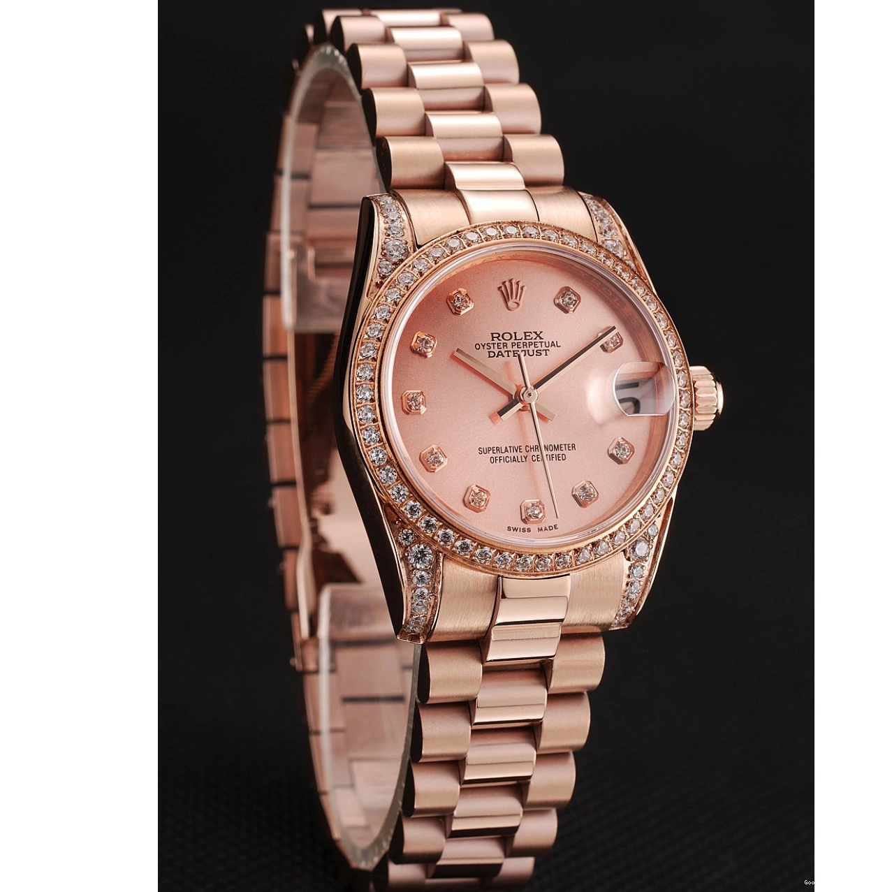 AAA replica watch Diamond DateJust Gold Rose 1453977 Rose Swiss Case Rolex Dial Gold Bracelet 0724